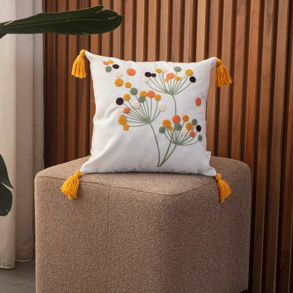 Wildflower Series square bloom embroidered cushion with tassels