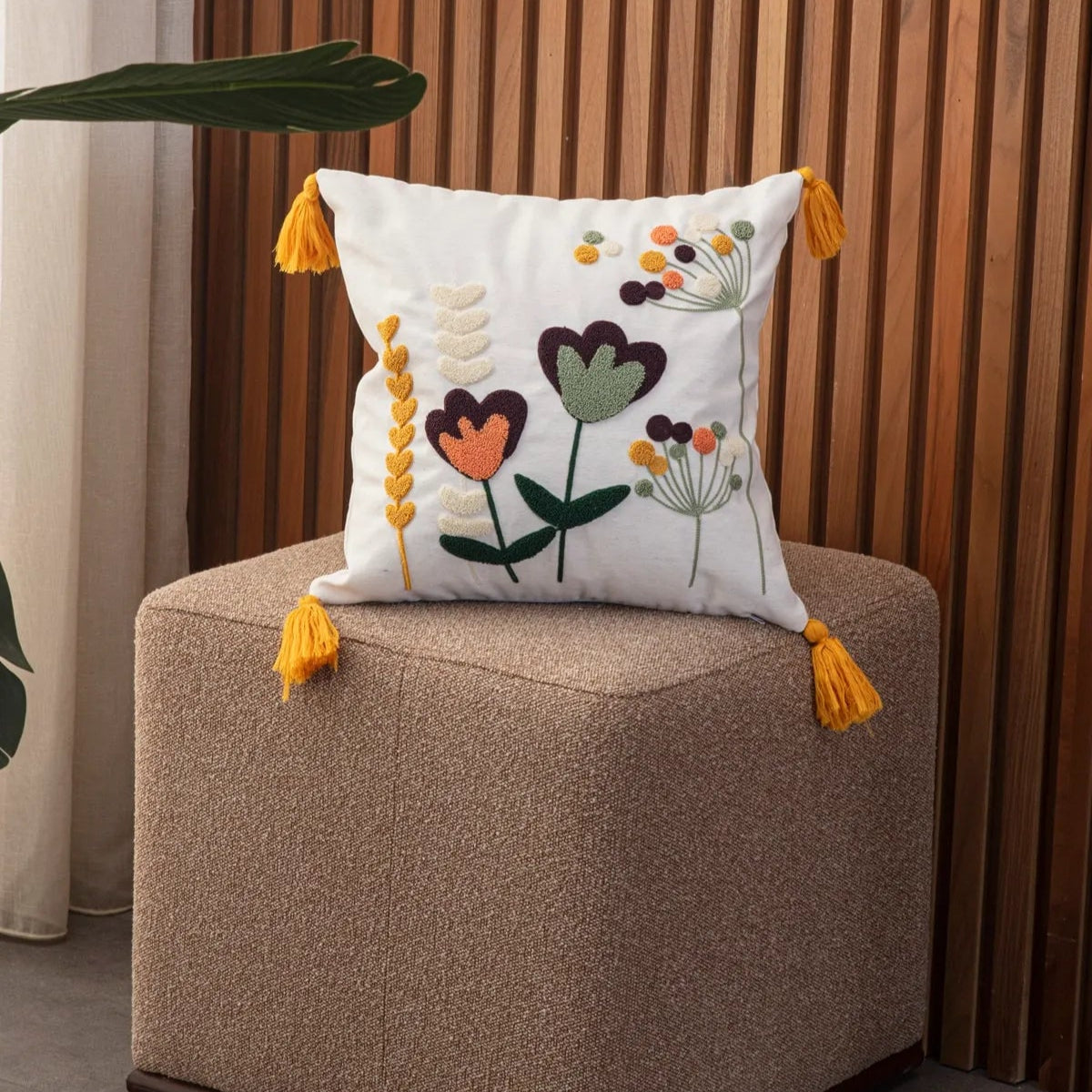 Wildflower Series square heart bloom embroidered cushion with tassels