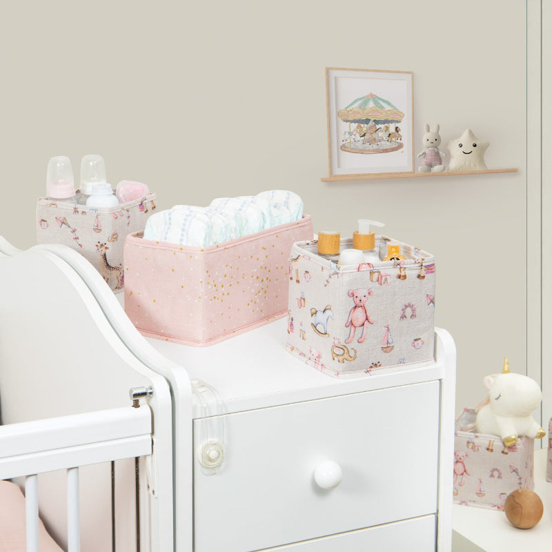 Baby drawer organizer set of 3 with diapers, toys, and bottles
Fabric nursery storage bins in pastel pink with patterns
Drawer organizers for baby clothes, diapers, and essentials
Cute foldable fabric organizers on a wooden table