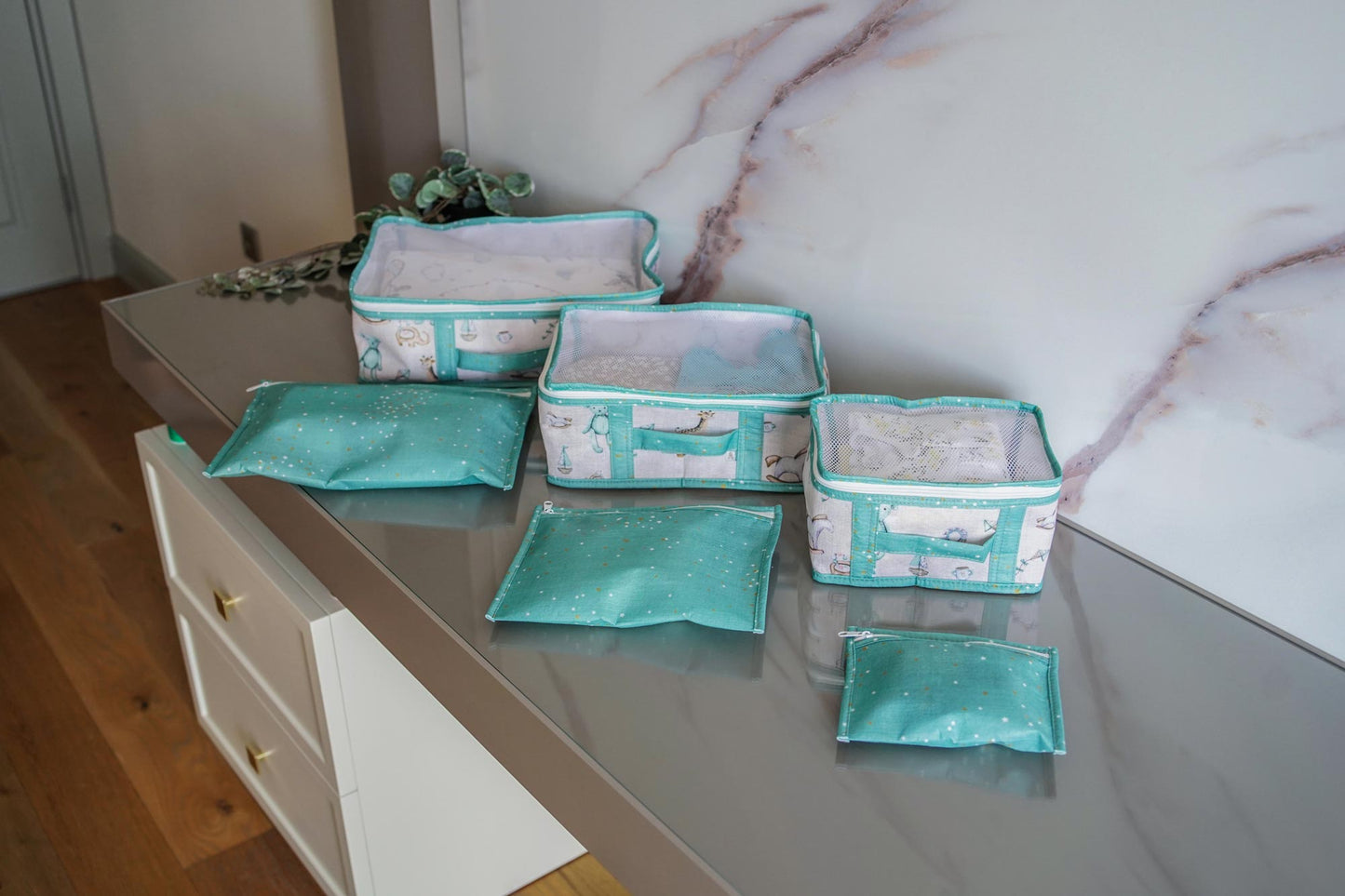 6-piece blue baby travel organizer set with mesh packing cubes and zippered pouches, nursery star pattern luggage organizers.