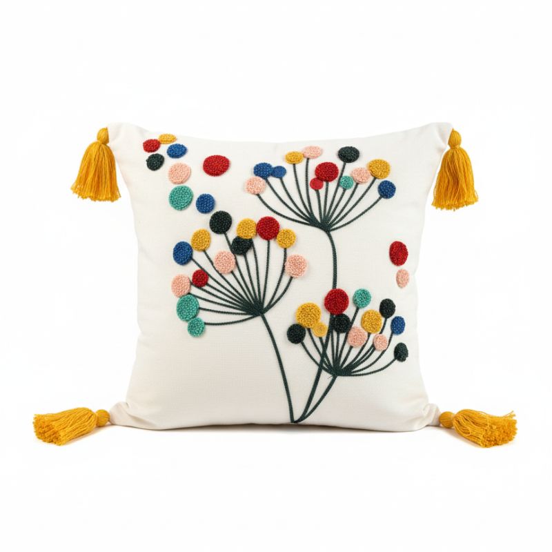 Vivid Bloom Collection square embroidered cushion cover with yellow tassels, dandelion burst floral motif with multi-colored embroidery dots – 43x43 cm decorative pillow