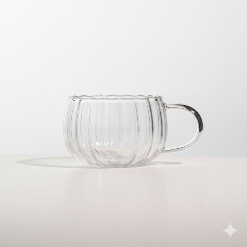 “Ribbed clear glass cup with handle – pumpkin shaped transparent teacup”
“Elegant ribbed glass coffee cup with clear handle on white background”
“Transparent pumpkin-style glass mug for tea, coffee, or desserts”
“Modern ribbed glassware with handle – versatile teacup design”
“Clear ribbed glass cup showcasing minimalist drinkware style