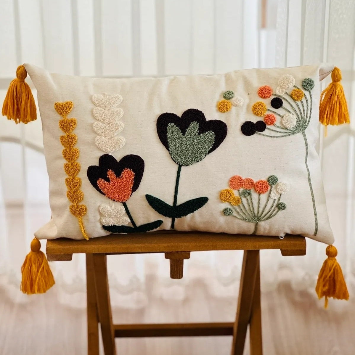 Wildflower Series rectangle heart bloom embroidered cushion with tassels