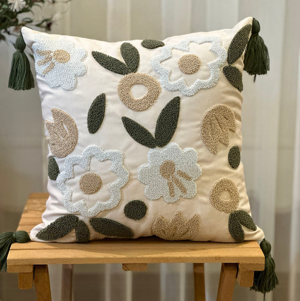 Evergreen Collection floral embroidered cushion cover with white and beige flowers, green leaves, and green tassels – 43x43 cm decorative pillow
