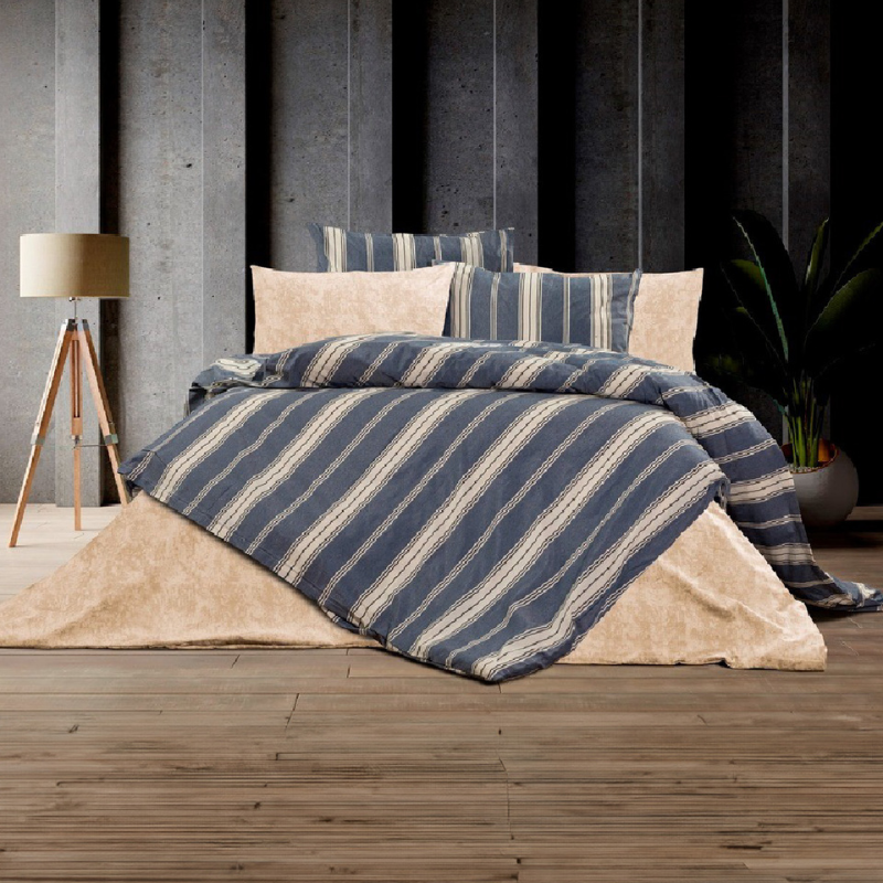Navy blue and beige striped bedding set with cotton duvet cover and pillows