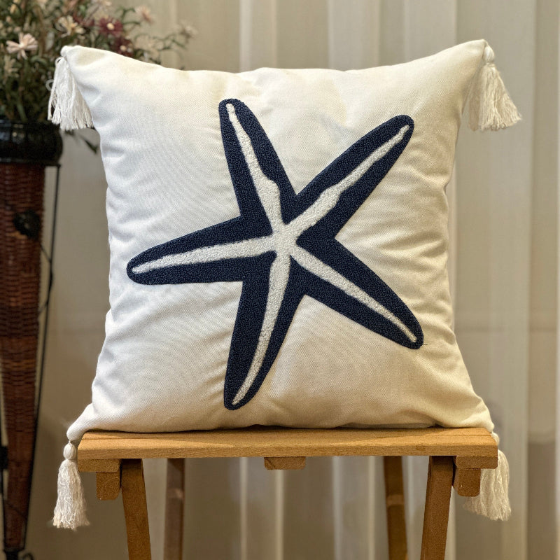 White cushion cover with embroidered navy blue starfish and tassel corners – 43x43 cm coastal pillow cover