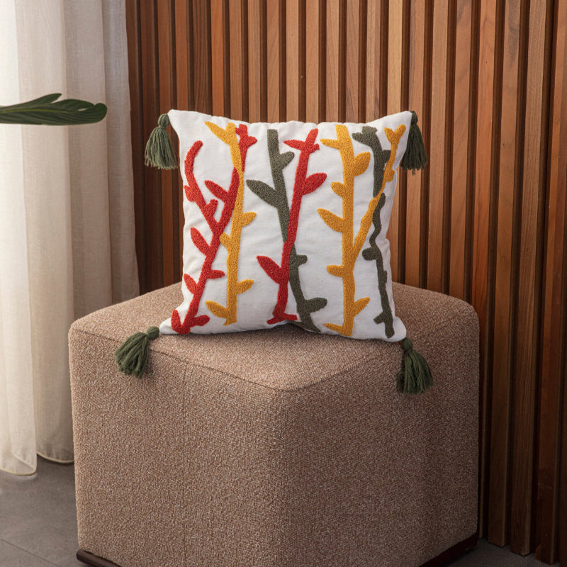 Abstract Garden Collection square cushion cover with embroidered stems in red, mustard yellow, and olive green, finished with green tassels – 43x43 cm decorative pillow