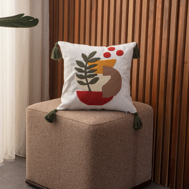 Abstract Garden Collection square vase embroidered cushion cover with green tassels in red, mustard, beige, and olive green – 43x43 cm decorative pillow