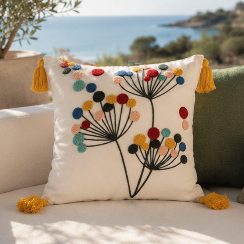 Vivid Bloom Collection square embroidered cushion cover with yellow tassels, tulip meadow floral motif in red, mustard, teal, and blush – 43x43 cm decorative pillow