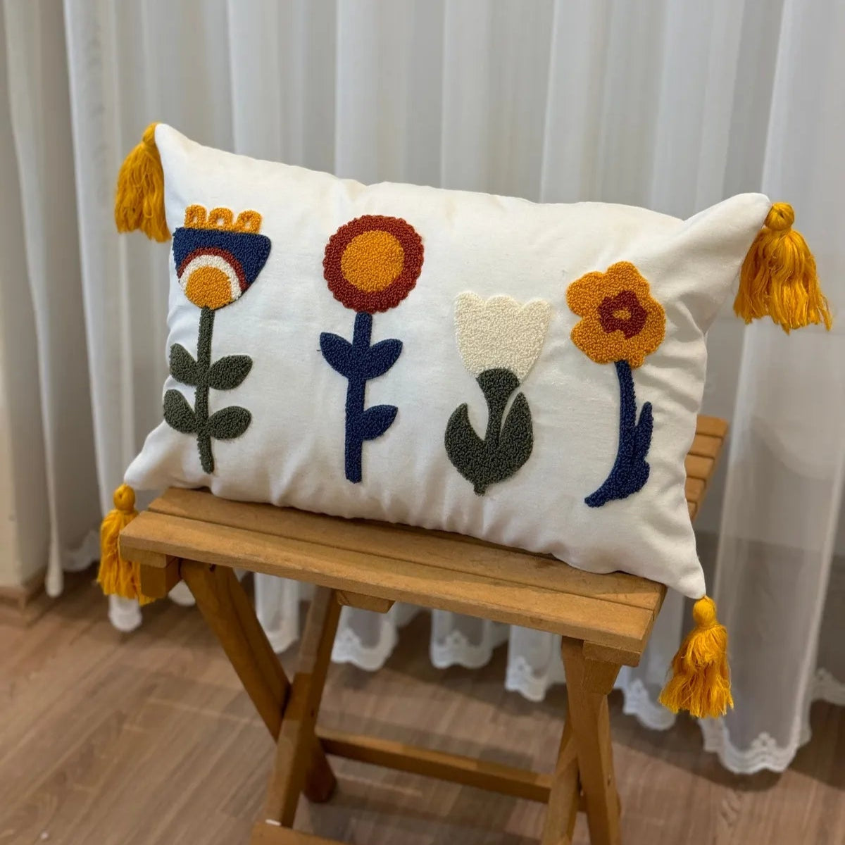 Sunny Bloom Collection rectangular floral embroidered cushion cover with colorful flowers and yellow tassels – 35x50 cm lumbar pillow