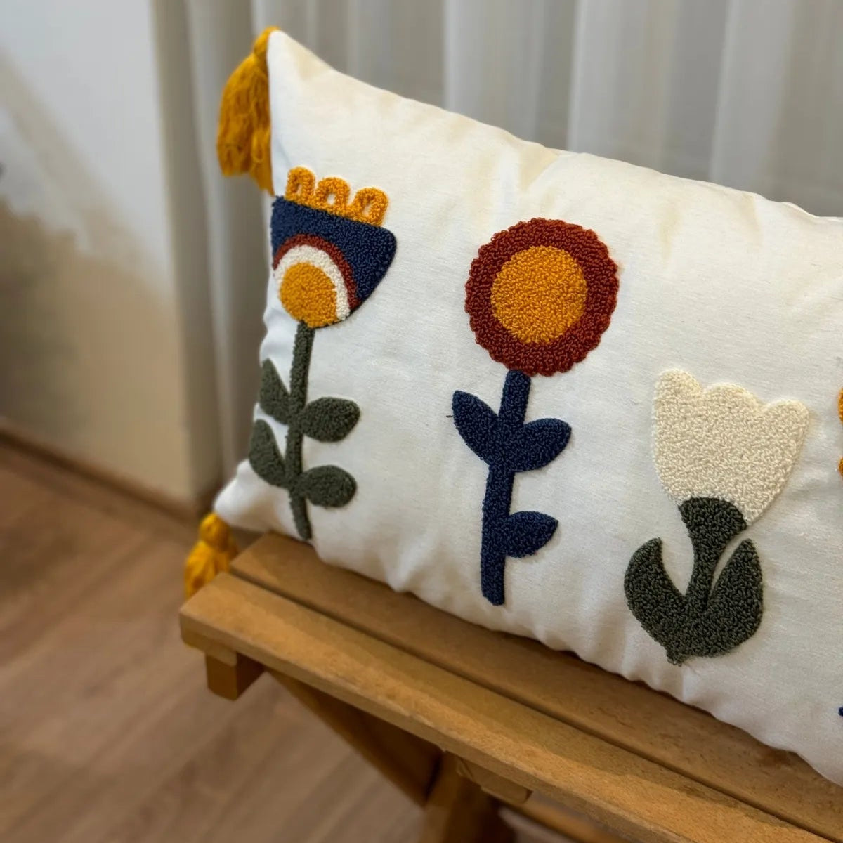Sunny Bloom Collection rectangular floral embroidered cushion cover with colorful flowers and yellow tassels – 35x50 cm lumbar pillow