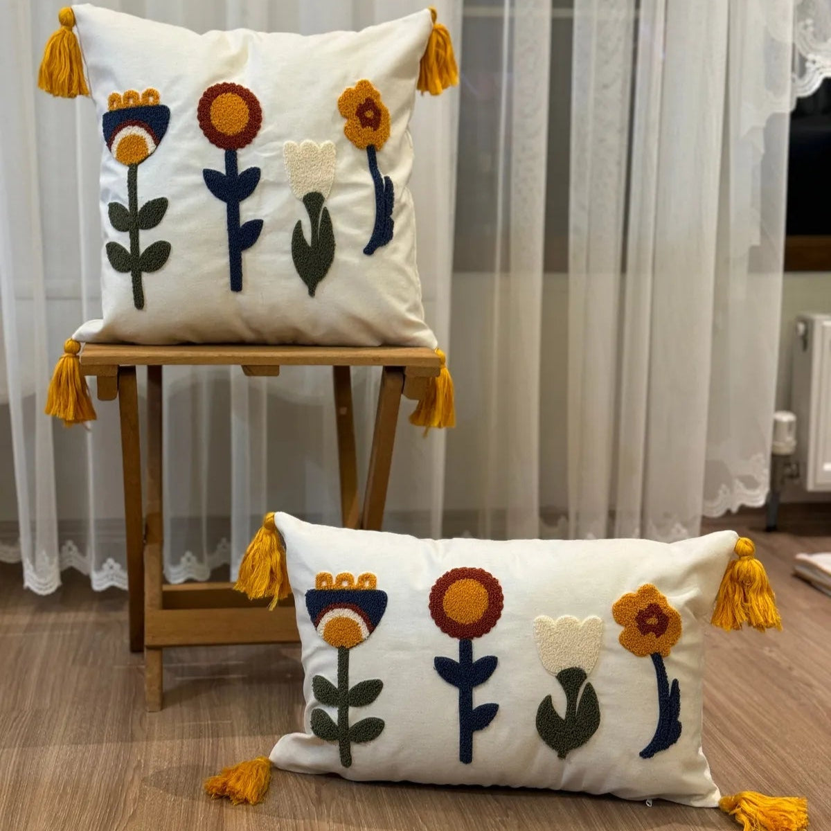 Sunny Bloom Collection rectangular floral embroidered cushion cover with colorful flowers and yellow tassels – 35x50 cm lumbar pillow