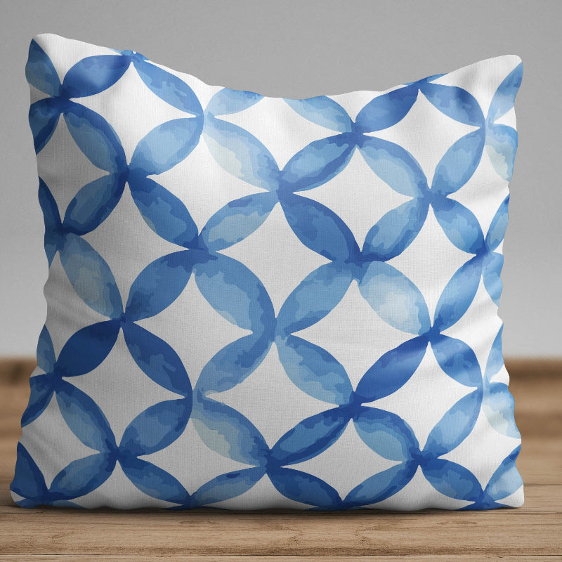 Blue geometric circle pattern cushion cover with watercolor abstract design on decorative pillow