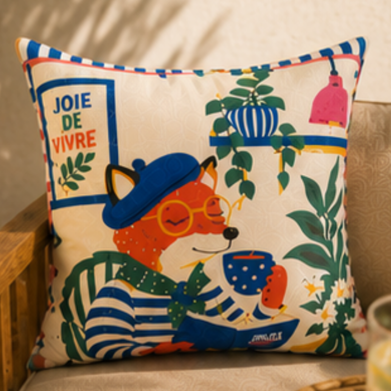 French-style fox wearing a blue beret and striped shirt reading a book while drinking coffee beside croissants and flowers on a decorative cushion cover