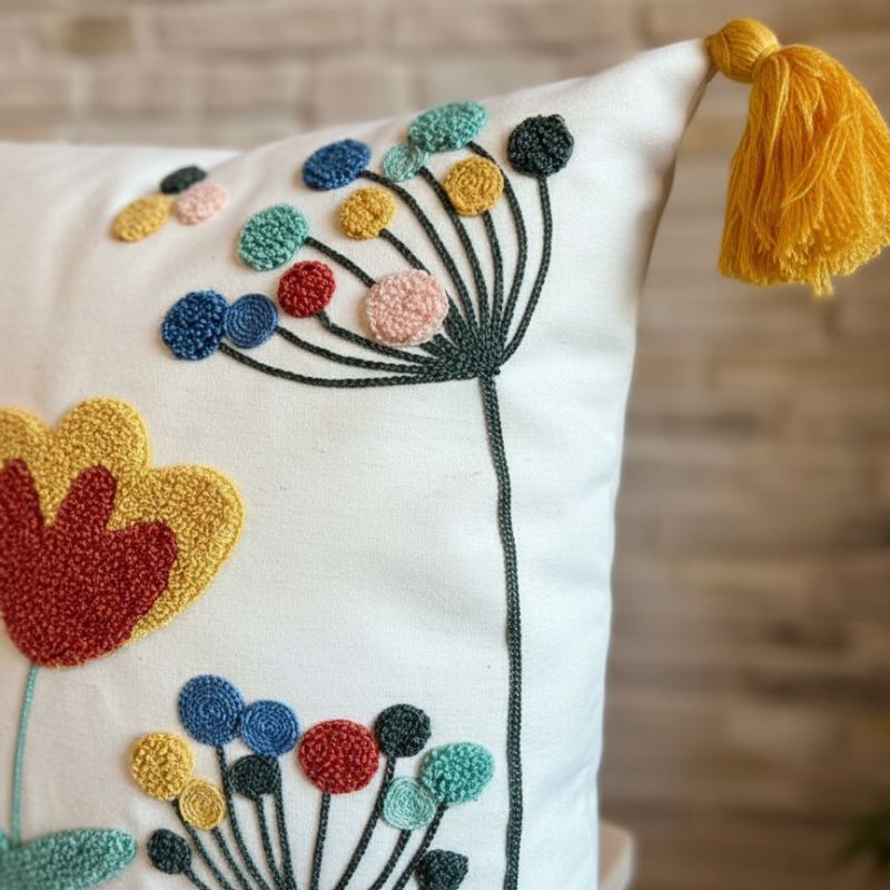 Vivid Bloom Collection square embroidered cushion cover with yellow tassels, tulip meadow floral motif in red, mustard, teal, and blush – 43x43 cm decorative pillow