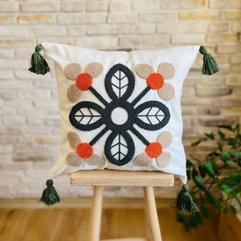 Folk Garden Collection geometric floral embroidered cushion cover with tassels in black, beige, and orange – 43x43 cm decorative pillow