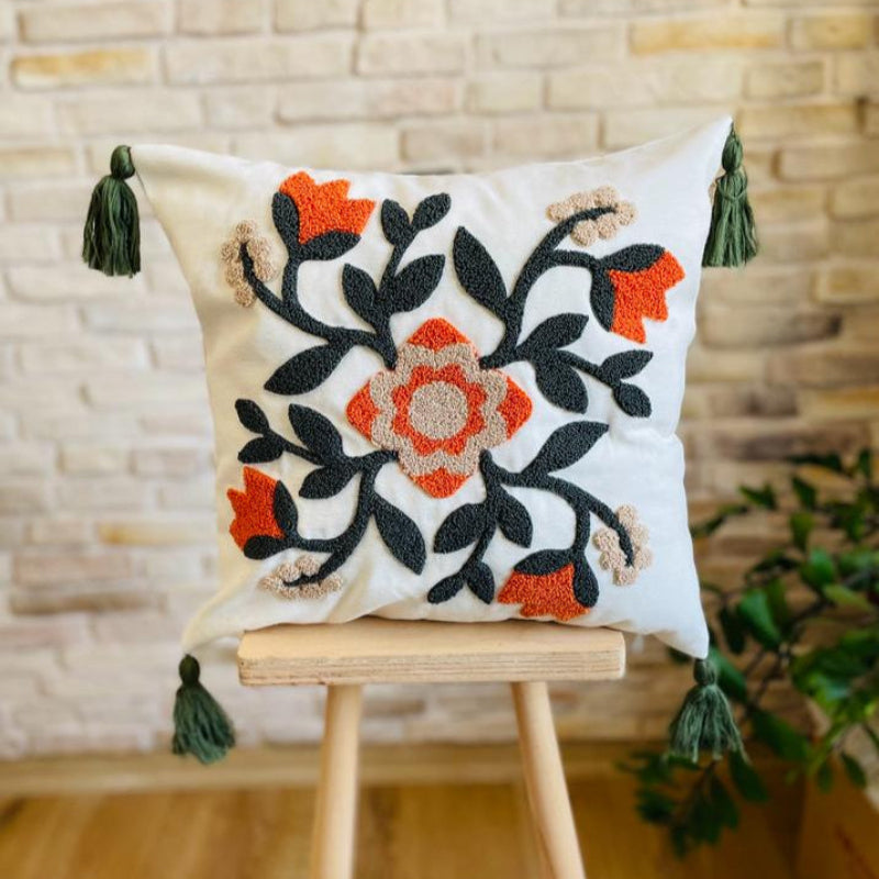 Folk Garden Collection folk embroidered floral cushion cover with tassels in black, beige, and orange – 43x43 cm decorative pillow