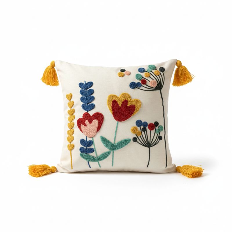 Vivid Bloom Collection square embroidered cushion cover with yellow tassels, tulip meadow floral motif in red, mustard, teal, and blush – 43x43 cm decorative pillow