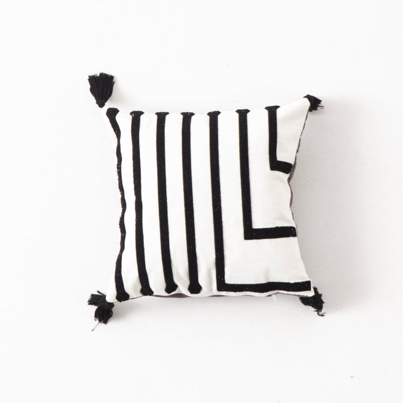 Urban Collection square parallel line embroidered cushion cover in black and white with black tassels – 43x43 cm decorative pillow