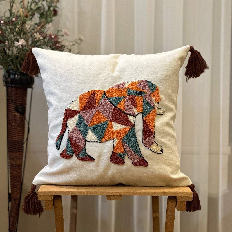 Geometric elephant embroidered cushion cover with colorful patchwork and tassels – 43x43 cm boho style pillow cover
