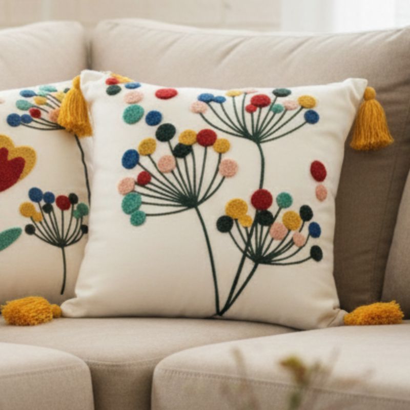 Vivid Bloom Collection square embroidered cushion cover with yellow tassels, dandelion burst floral motif with multi-colored embroidery dots – 43x43 cm decorative pillow