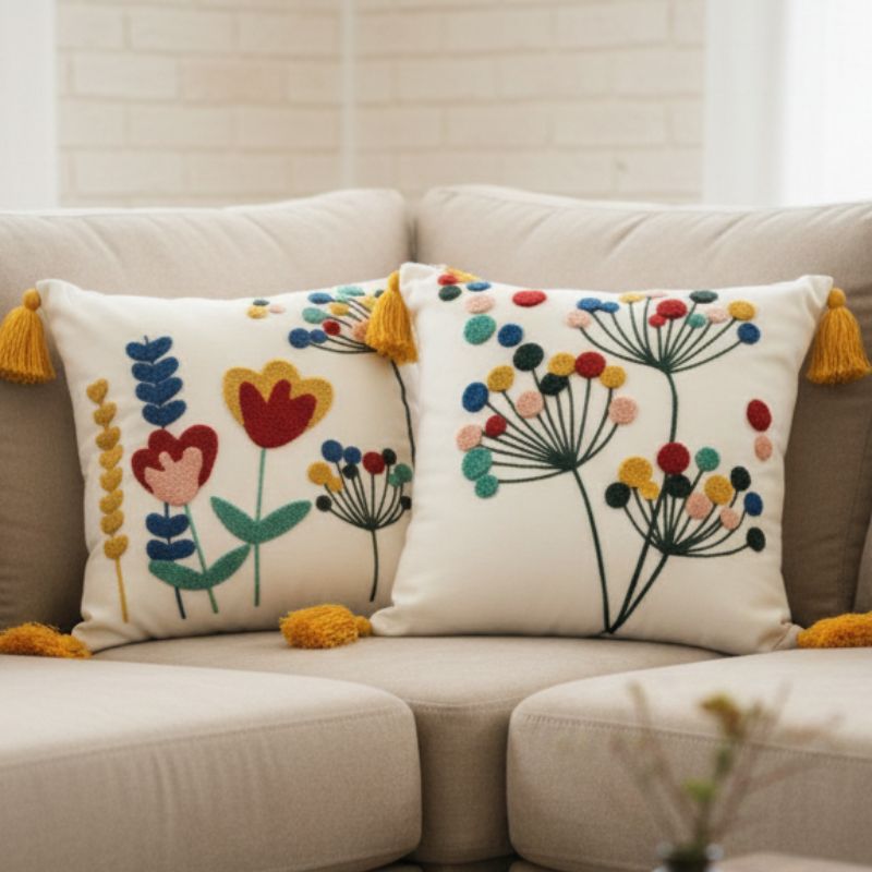 Vivid Bloom Collection square embroidered cushion cover with yellow tassels, dandelion burst floral motif with multi-colored embroidery dots – 43x43 cm decorative pillow