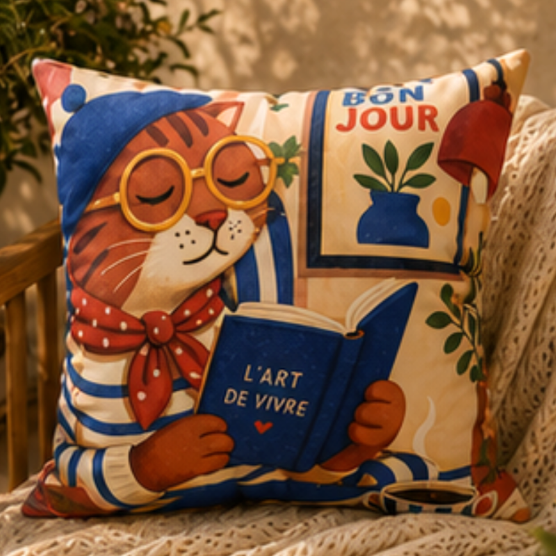 French-style tabby cat wearing a blue beret and glasses reading a book while drinking coffee on a decorative cushion cover