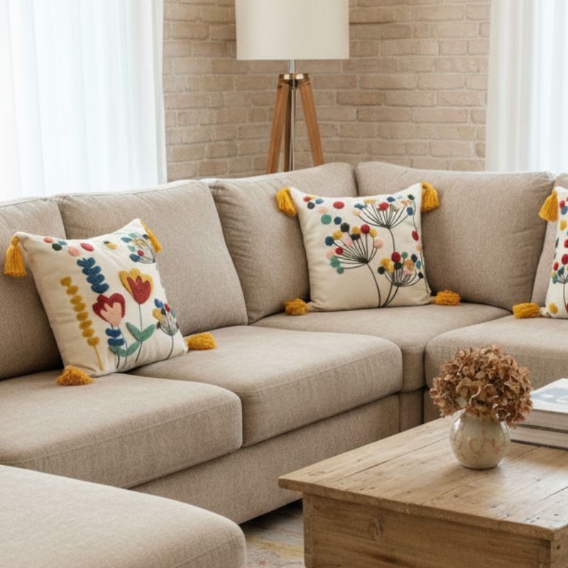Vivid Bloom Collection square embroidered cushion cover with yellow tassels, dandelion burst floral motif with multi-colored embroidery dots – 43x43 cm decorative pillow