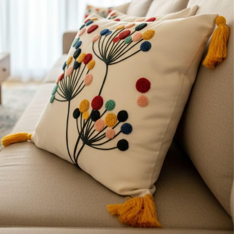 Vivid Bloom Collection – Square Embroidered Cushion Cover with Yellow Tassels – Dandelion Burst Motif – 43x43 cm