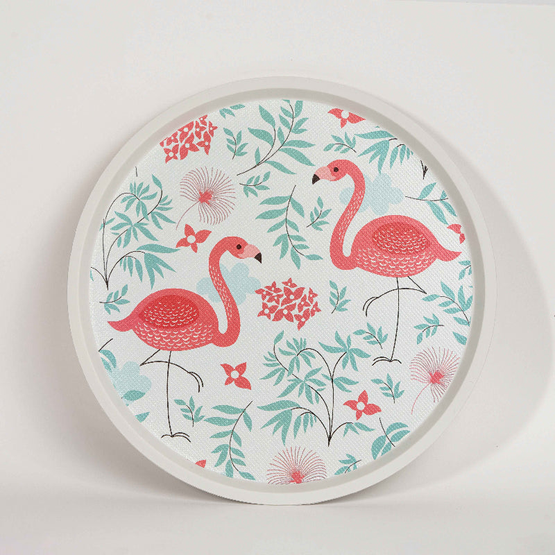 Round tray with flamingo and floral tropical design
Fun decorative tray featuring pink flamingos and green leaves
Summer-inspired round serving tray with tropical print
White round tray with flamingo and flower motifs