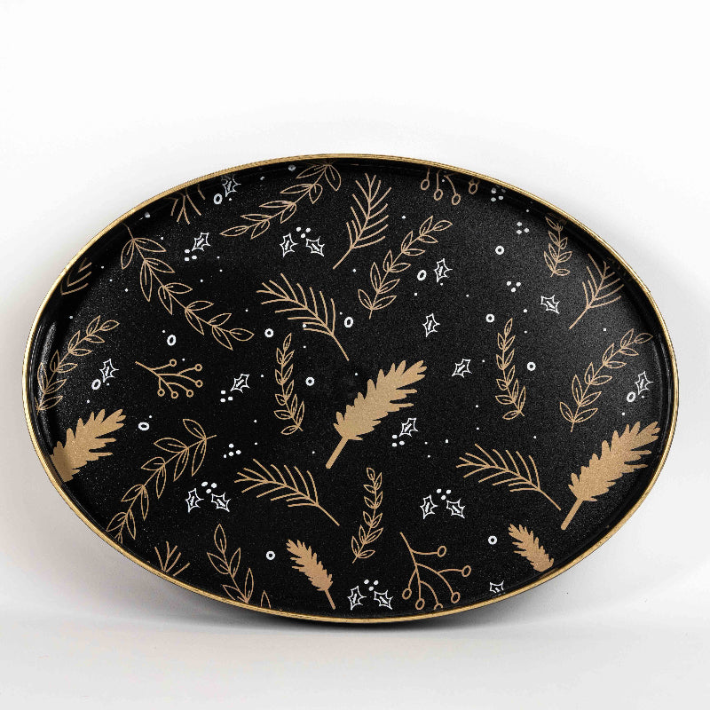 Oval black tray with golden leaf and branch patterns
Elegant decorative tray with gold motifs on black background
Modern serving tray with golden leaf design
Black and gold oval tray for coffee table or console décor