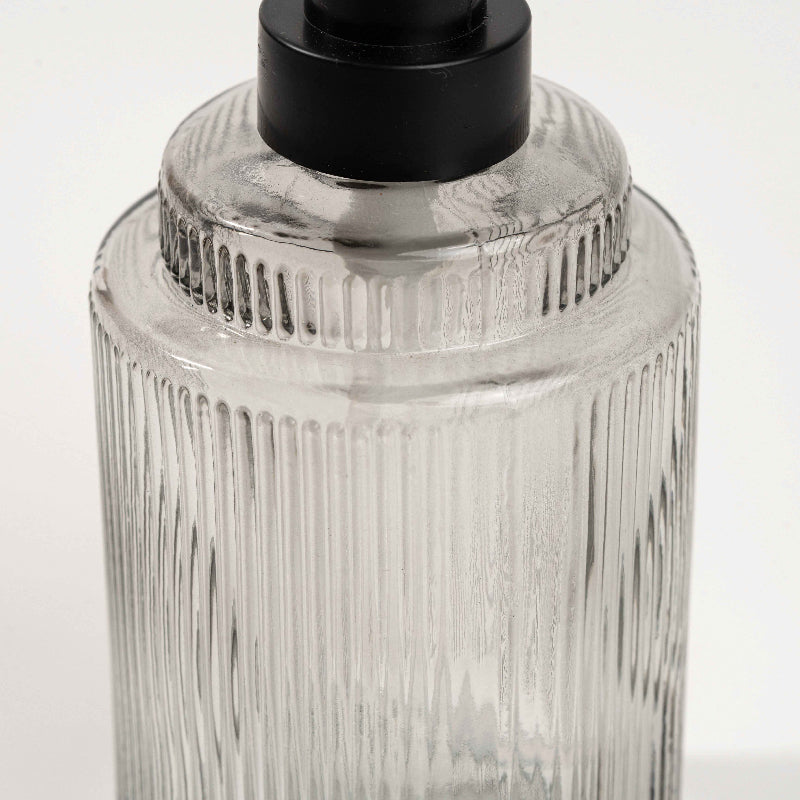 Ribbed glass soap dispensers with sleek pump design for bathroom or kitchen