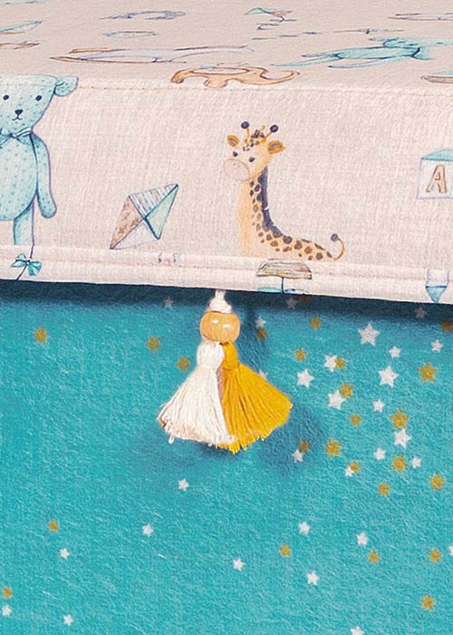 Pink baby storage box with lid on nursery floor
Fabric organizer box with animal print and golden details
Foldable storage bin for clothes, toys, and blankets
Nursery storage box with side handles and secure lid