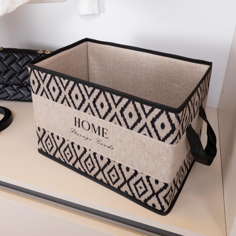 Beige and black home storage bundle with large laundry basket, HOME Storage Goods basket, two small patterned storage boxes, and black ceramic soap dispenser set with gold pump – KeyHomeLB Mix and Match Collection.