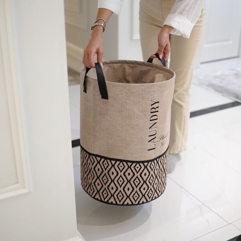 Bohemian round laundry basket with beige canvas and black geometric pattern
Round fabric laundry hamper with drawstring closure
Modern boho laundry bin with handles for home organization
Foldable beige and black laundry storage basket