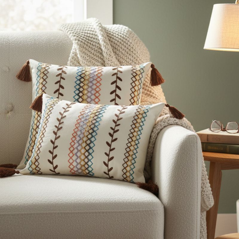 Square boho cushion cover with multi-color embroidered geometric and leaf pattern, finished with brown tassels on all four corners, 43x43 cm