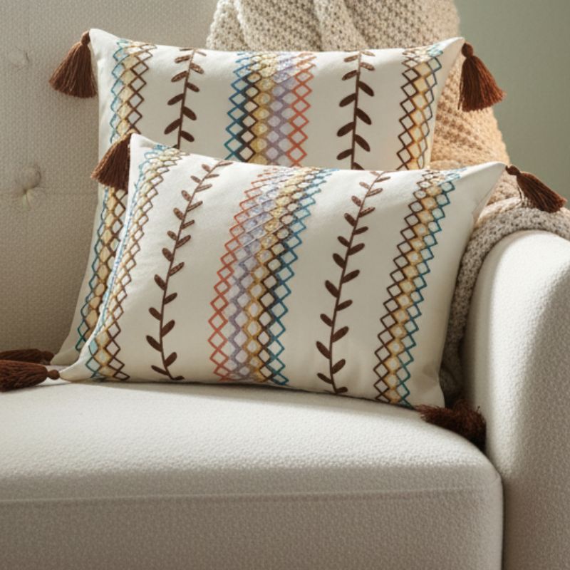 Boho cushion cover, embroidered cushion, rectangular cushion, sofa decor, tassel pillow cover, bohemian home decor, modern eclectic cushion, decorative pillowcase