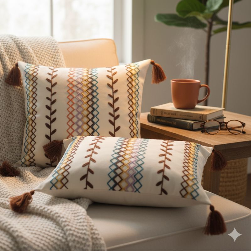 Boho cushion cover, embroidered cushion, rectangular cushion, sofa decor, tassel pillow cover, bohemian home decor, modern eclectic cushion, decorative pillowcase