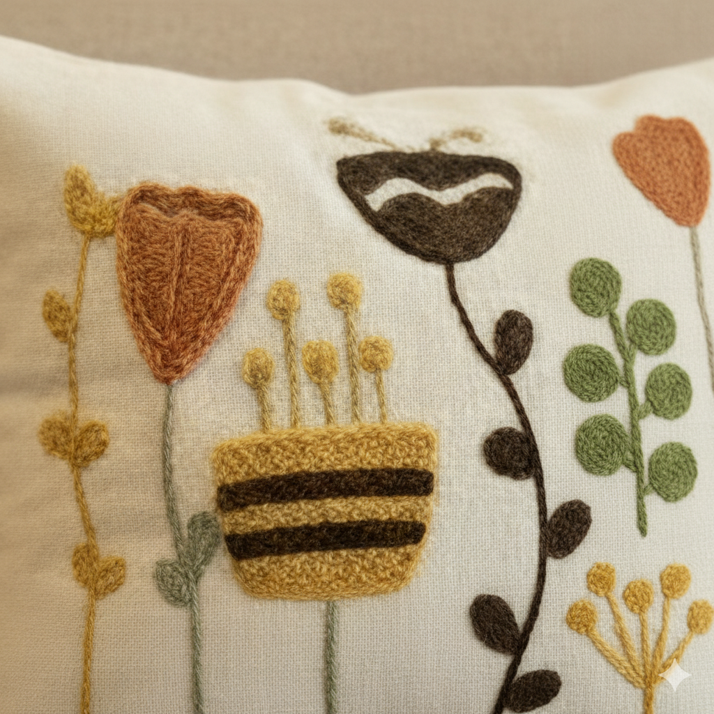 Contempo Floral Collection square embroidered cushion cover with yellow tassels, featuring folk blooms floral embroidery in mustard, orange, green, and black – 43x43 cm decorative pillow