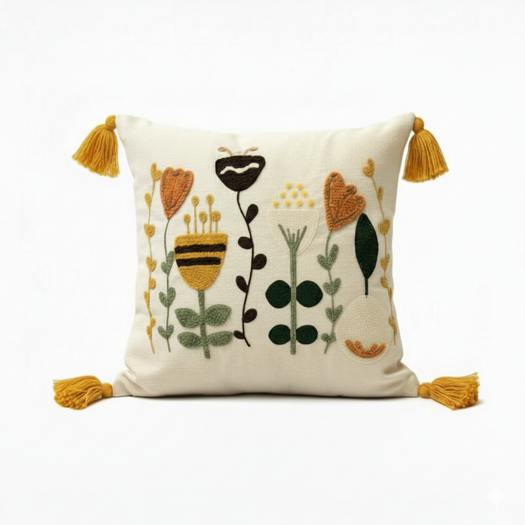 Contempo Floral Collection square embroidered cushion cover with yellow tassels, featuring folk blooms floral embroidery in mustard, orange, green, and black – 43x43 cm decorative pillow