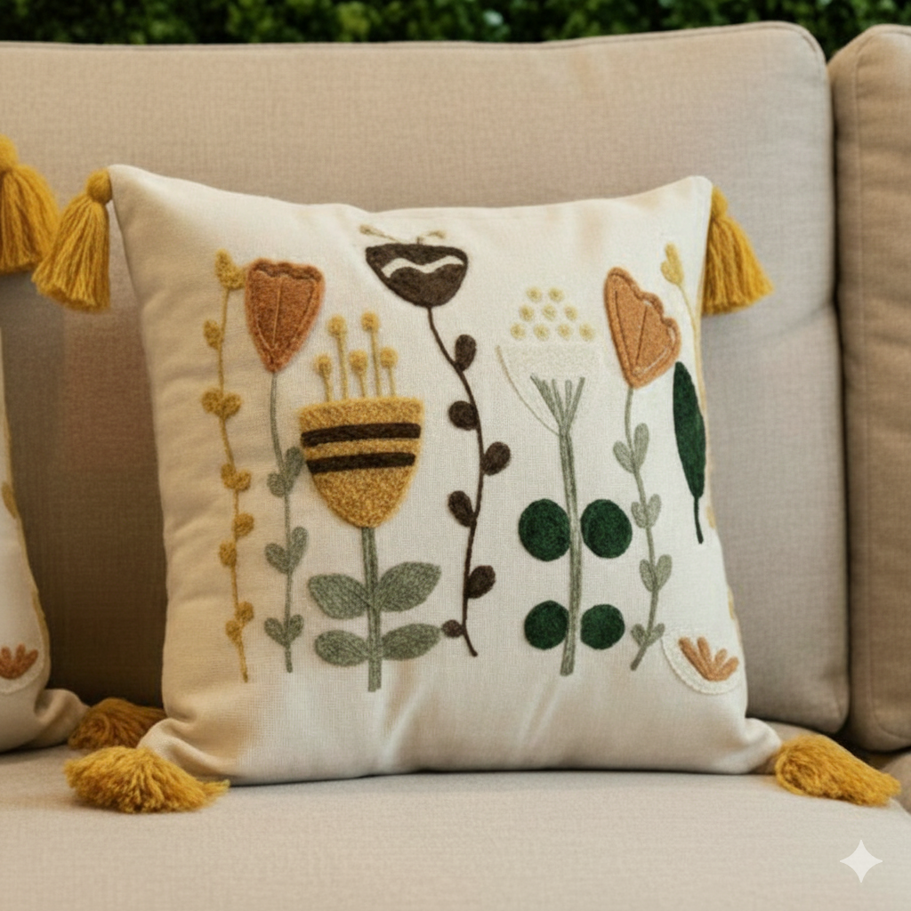 Contempo Floral Collection square embroidered cushion cover with yellow tassels, featuring folk blooms floral embroidery in mustard, orange, green, and black – 43x43 cm decorative pillow