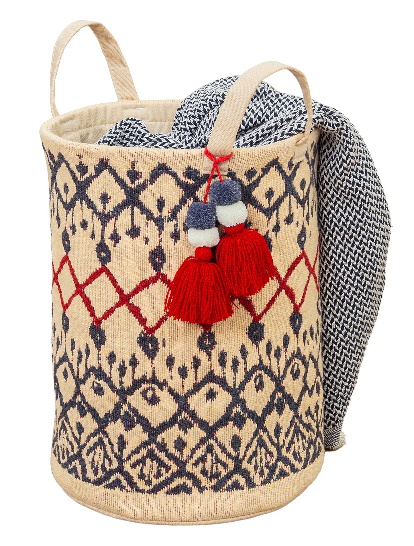 Boho kilim round basket with black and white pattern and red tassel
Ethnic-style fabric storage basket with handles
Decorative round laundry basket with woven kilim design
Bohemian storage bin for laundry, toys, or blankets