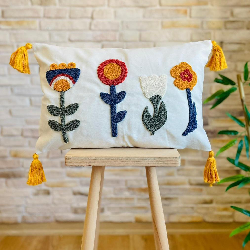 Sunny Bloom Collection rectangular floral embroidered cushion cover with colorful flowers and yellow tassels – 35x50 cm lumbar pillow
