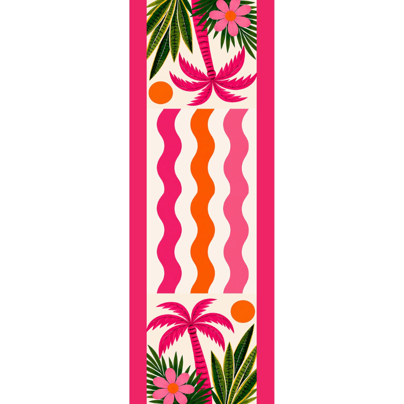A vertical tropical-themed decorative strip featuring pink palm trees, green leaves, pink and orange flowers, wavy pink and orange stripes, and orange circles on a cream background with a bright pink border.