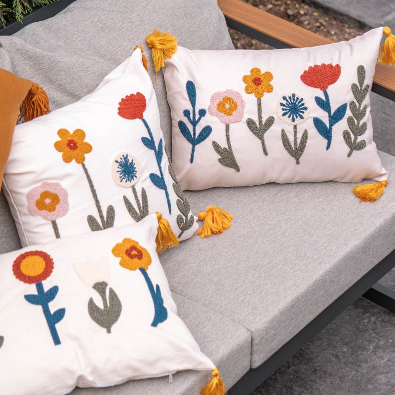 Sunny Bloom Collection rectangular floral embroidered cushion cover with colorful flowers and yellow tassels – 35x50 cm lumbar pillow