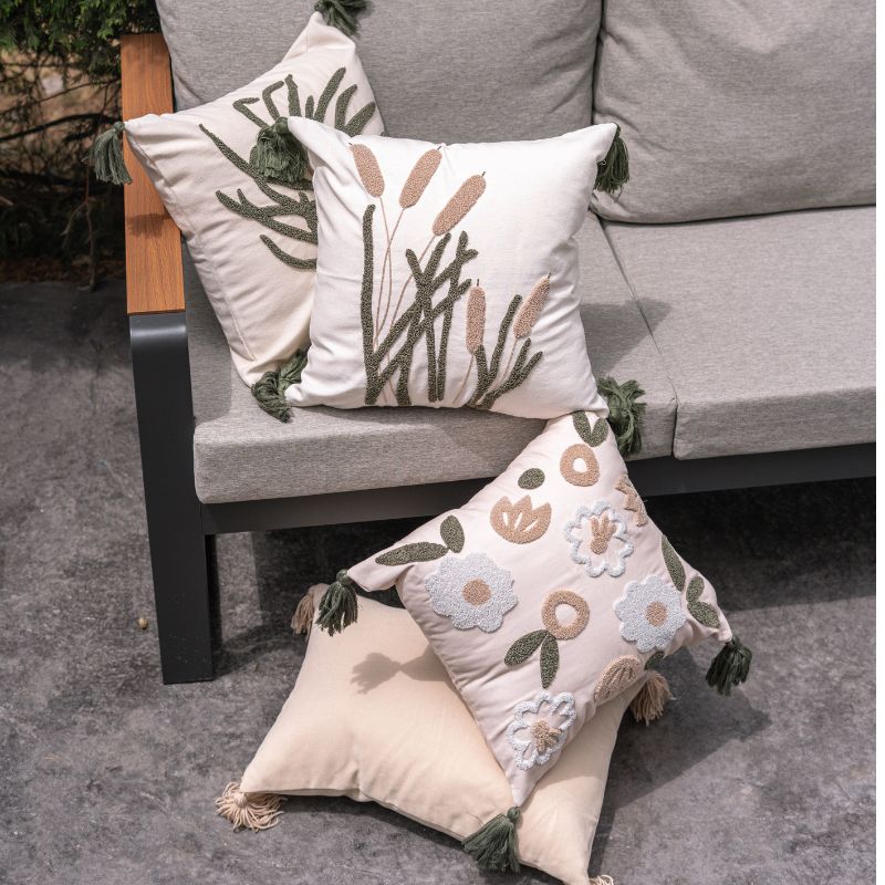 Evergreen Collection botanical leaf embroidered cushion cover with green tassels on cream background – 43x43 cm decorative pillow