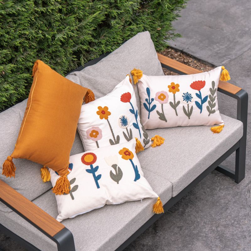 Sunny Bloom Collection rectangular floral embroidered cushion cover with colorful flowers and yellow tassels – 35x50 cm lumbar pillow