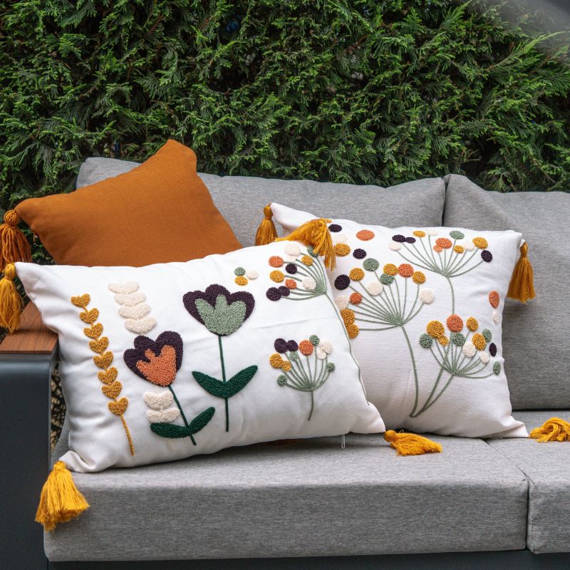 Wildflower Series square bloom embroidered cushion with tassels