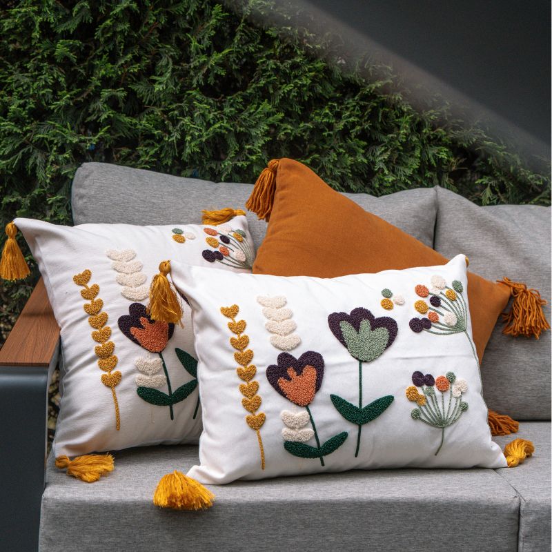 Wildflower Series square bloom embroidered cushion with tassels