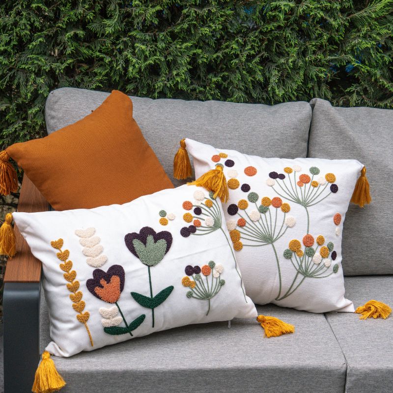 Wildflower Series square bloom embroidered cushion with tassels